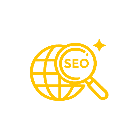 SEO optimization icon with magnifying glass and globe representing search engine ranking