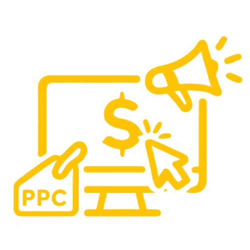 Paid advertising PPC icon with digital screen and megaphone showing online ads promotion